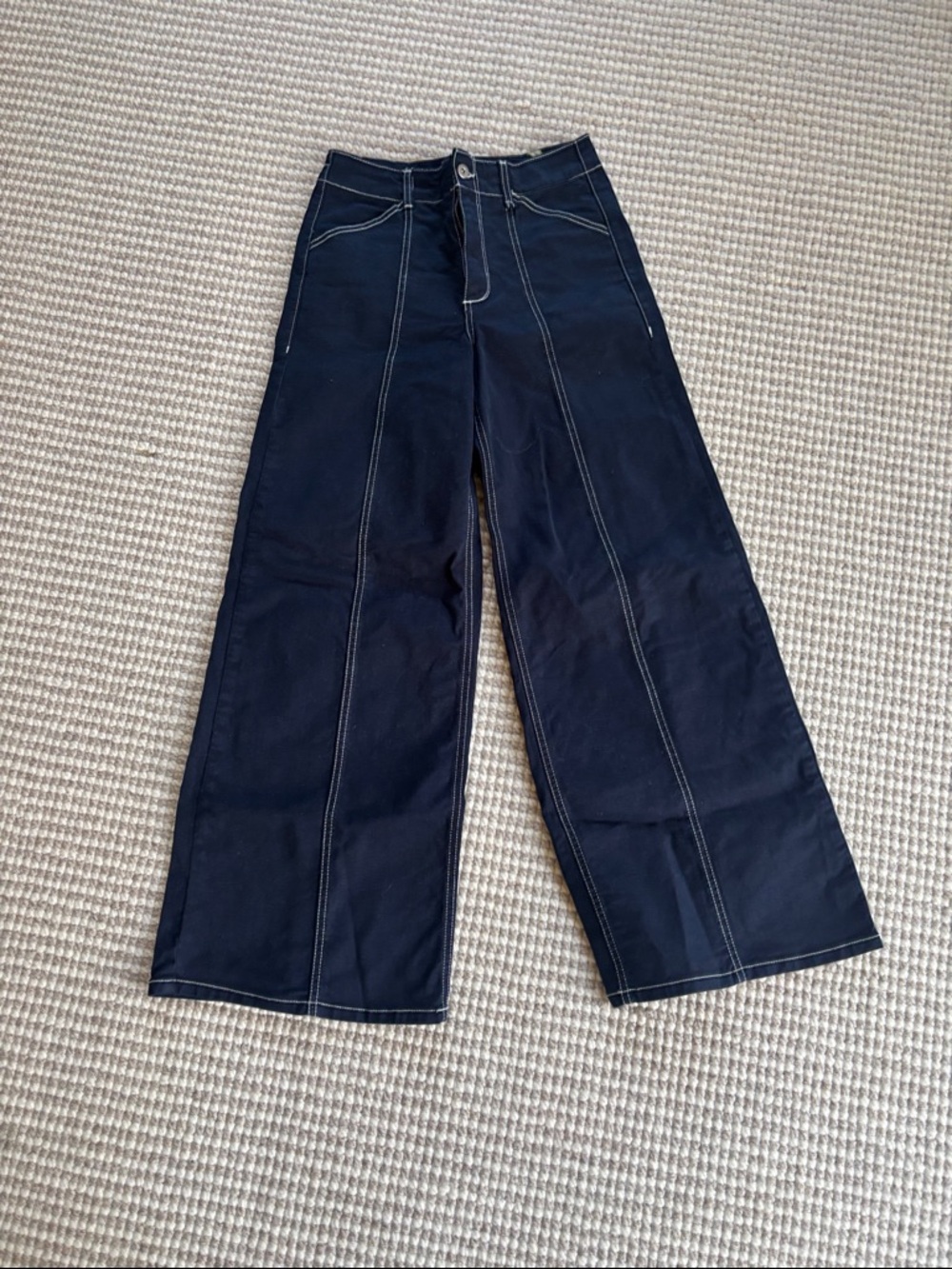 Maeve Navy Wide-Leg Pants with White Topstitch